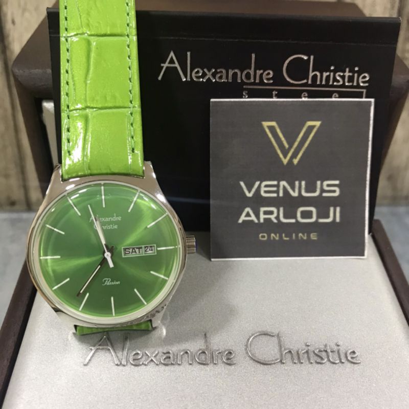 Jam Alexandre Christie AC 2393 LD LSS Wanita Silver Kulit Hijau Bulat