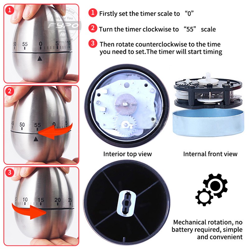 ღ Dapur Mekanis Timer Countdown Alarm Stainless Steel Telur Jam Tidak Ada Baterai Yang Dibutuhkan 60 Menit Waktu Memasak Pengingat Kreatif dapur Gadget