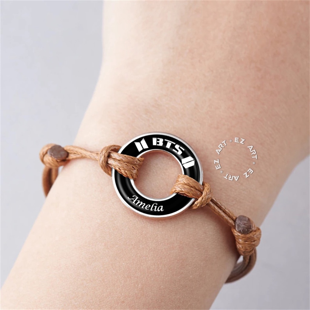 GELANG KPOP BTS CUSTOM NAMA RING PLAT CINCIN STAINLESS STEEL TALI KULIT KEPANG KOREA WARNA