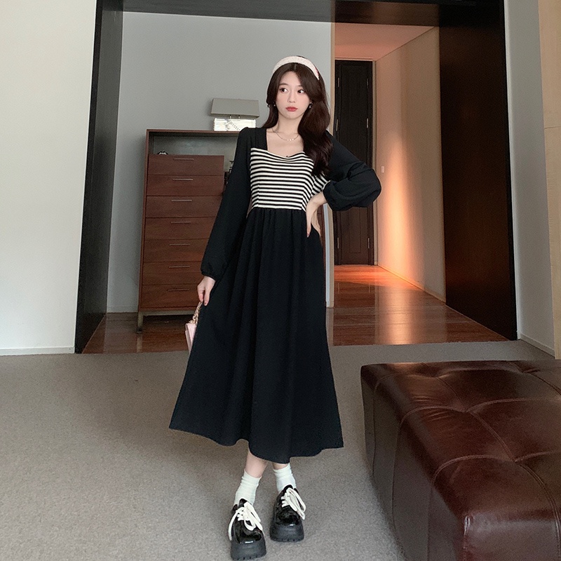 Fashion Lengan Panjang Dress Wanita Midi Retro A-Line Bergaris Gaun Hitam