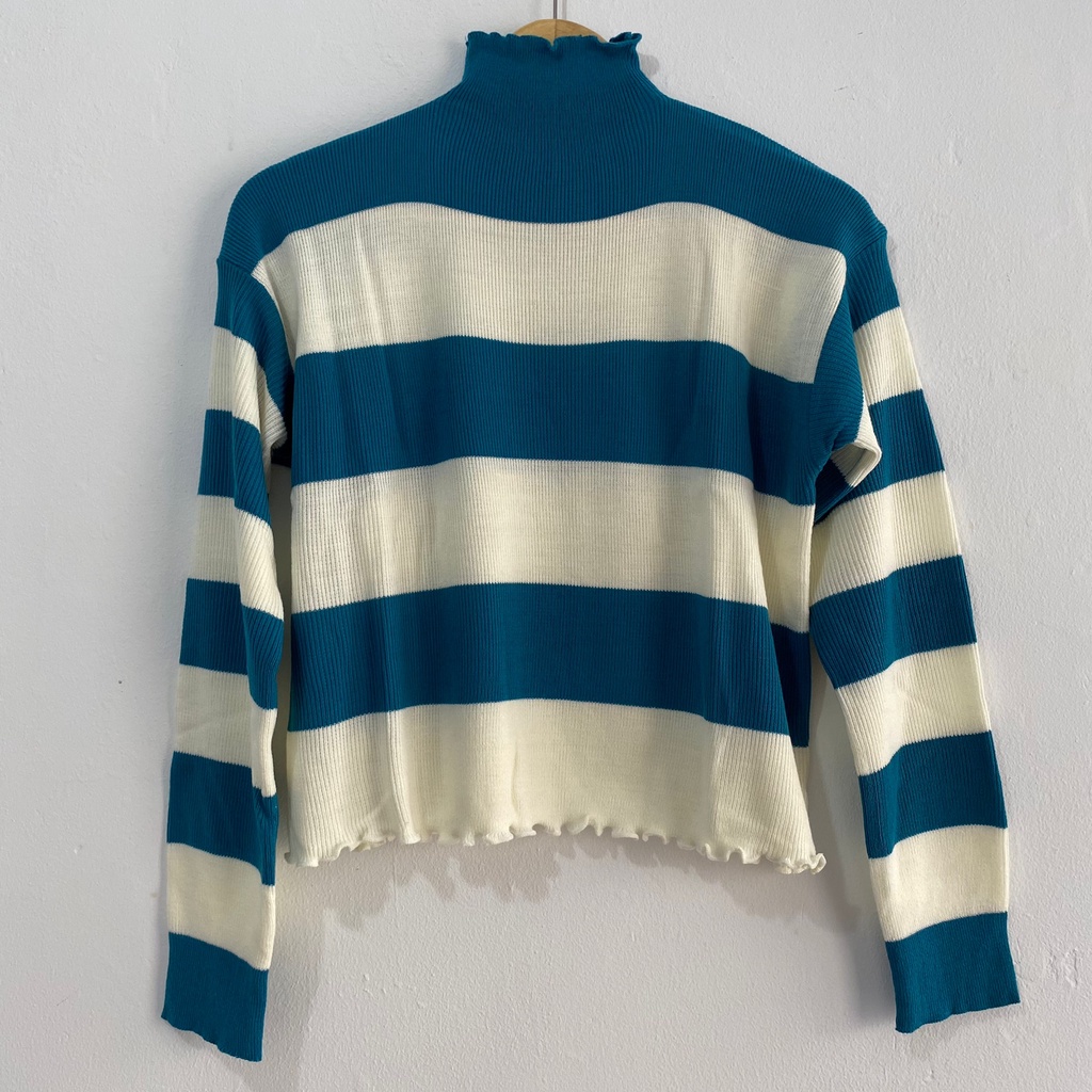 Hana Sweater Rajut Crinkle Crop Top Knit Ruffle Blouse Turtleneck Wanita Inner Striped Curly Premium Oversize Murah Halus Korean Style COD Free Ongkir