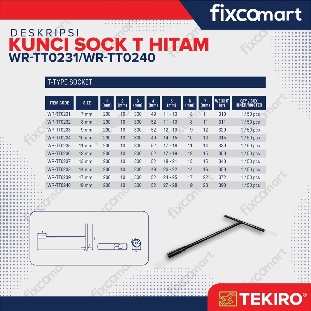 FIXCOMART - Tekiro T-Type Wrench / Kunci Sock T Hitam Satuan Ukuran 7 - 19 mm