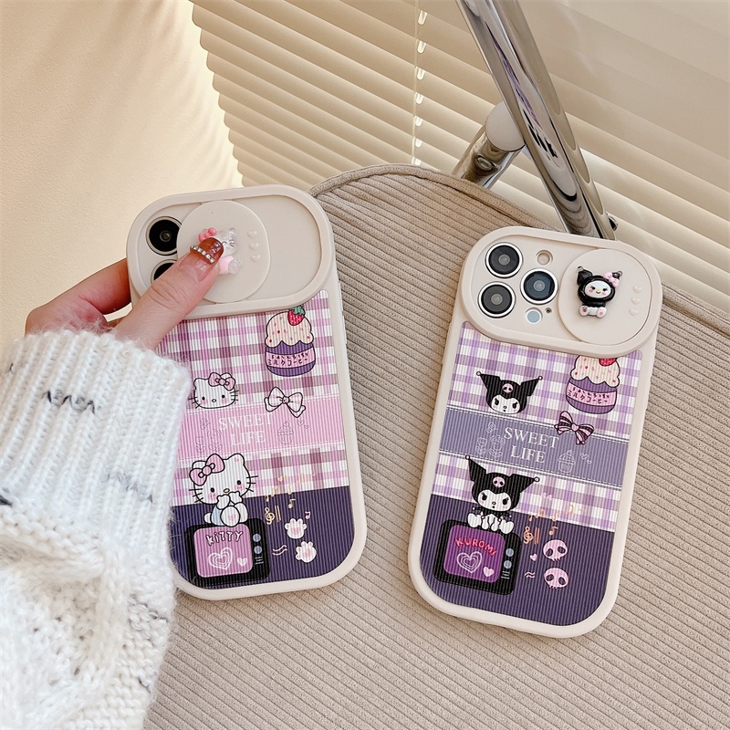 Kartun Kuromi Dan Kitty Case Pelindung Kamera Push-pull Anti-drop Untuk iPhone 14pro max Kamera Pelindung11 12 13 Pro max