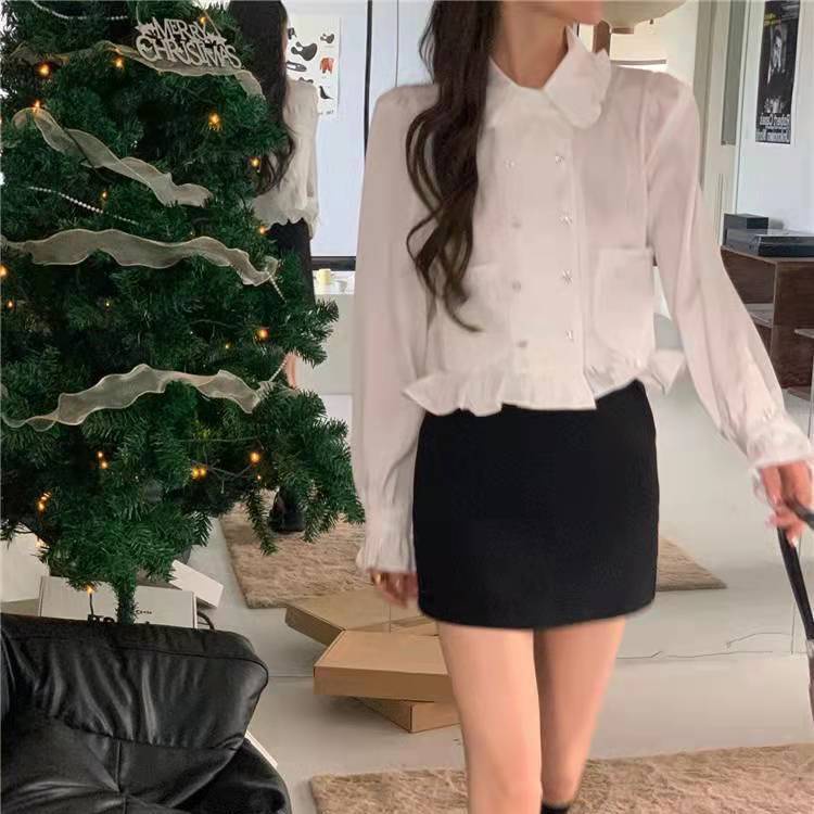 Red 2022 musim semi baru putih mengacak-acak kemeja boneka Perancis kerah pinggang ramping kemeja wanita trendi