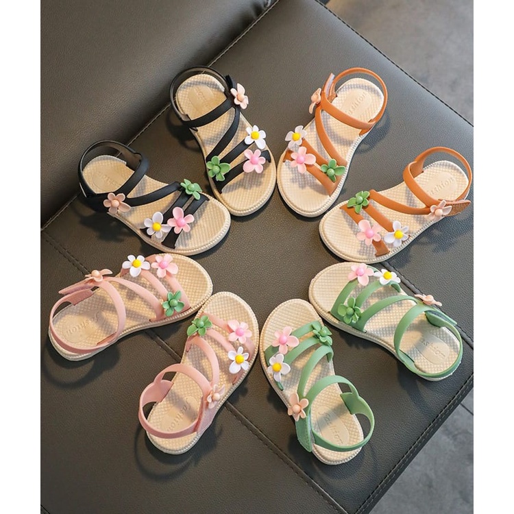 SHOEGALLERY LV0207 Sandal Import Anak Perempuan Motif Tali Zig Zag Bunga