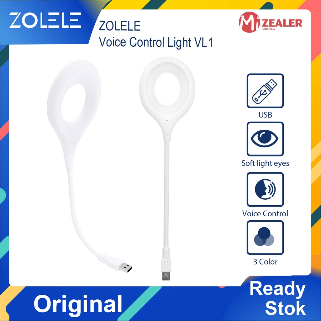 ZOLELE Lampu Malam Baca Belajar Perlindungan Mata LED Desktop Kontrol Suara Cerdas USB Langsung Colok Lampu Portabel 3 Warna Pintar Lamp VL1