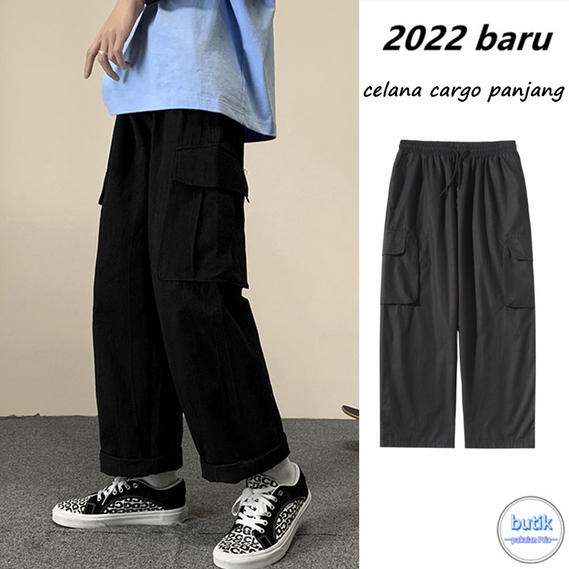 Celana cargo panjang pria Big Size Cargo Pants Pria Celana Cargo Korea Style Hitam Loose Pants Celana Karet Celana Kargo Panjang Pria