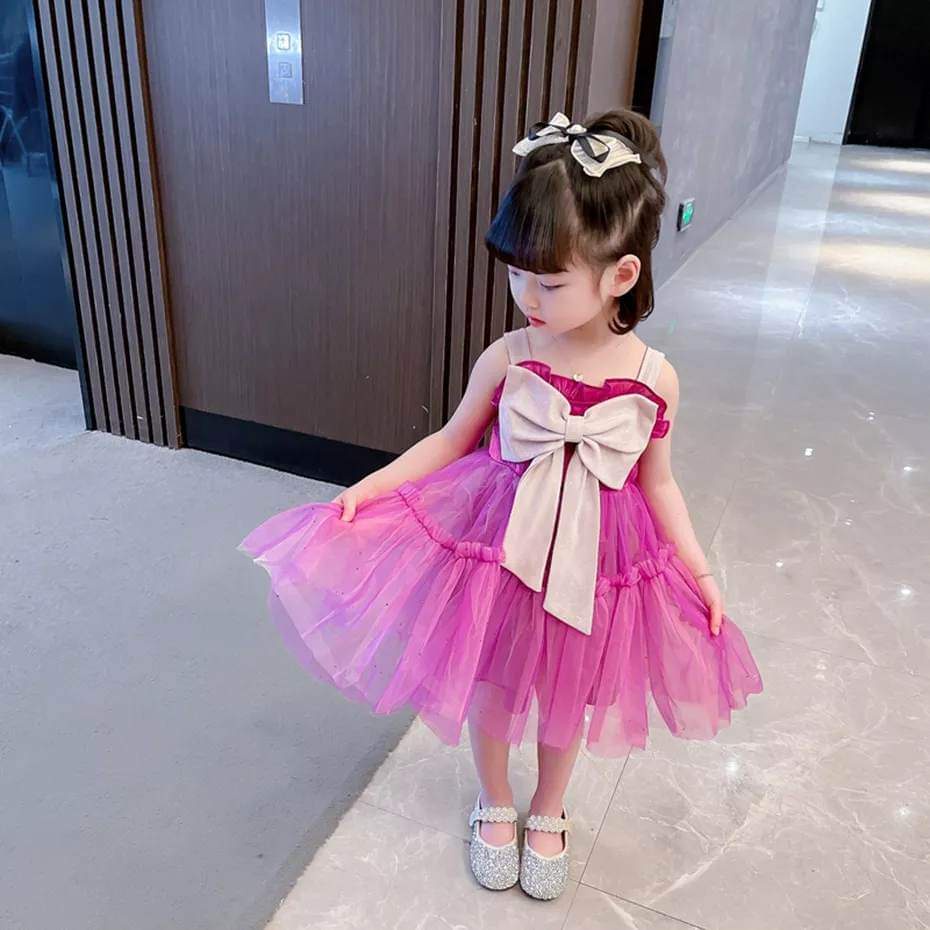 Dress Baby Perempuan Big Ribbon Pink Purple Flower