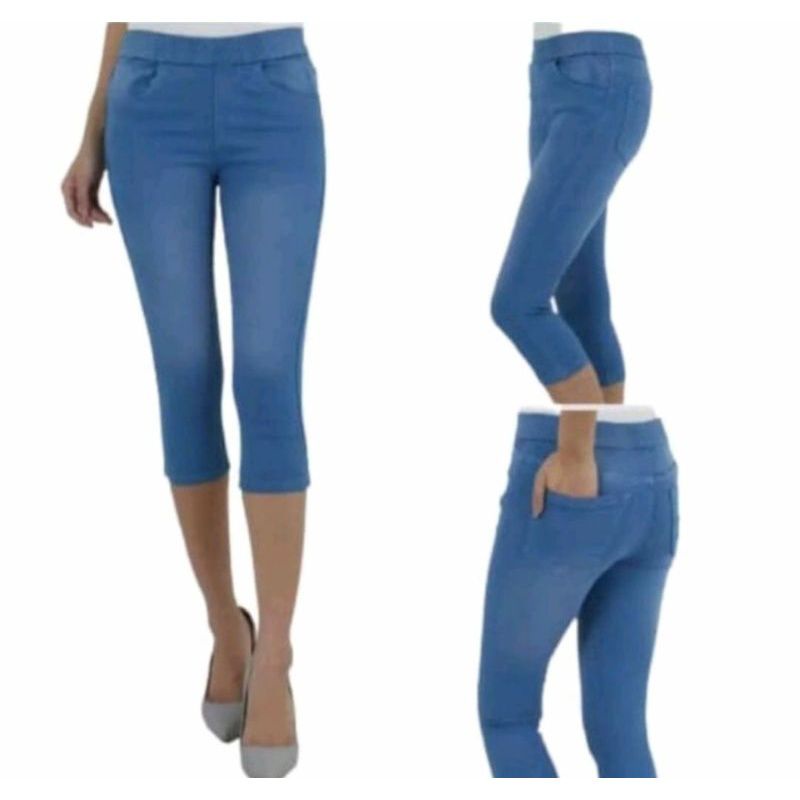 Celana Jeans 7/8 Wanita Pinggang Karet Legging Jegging