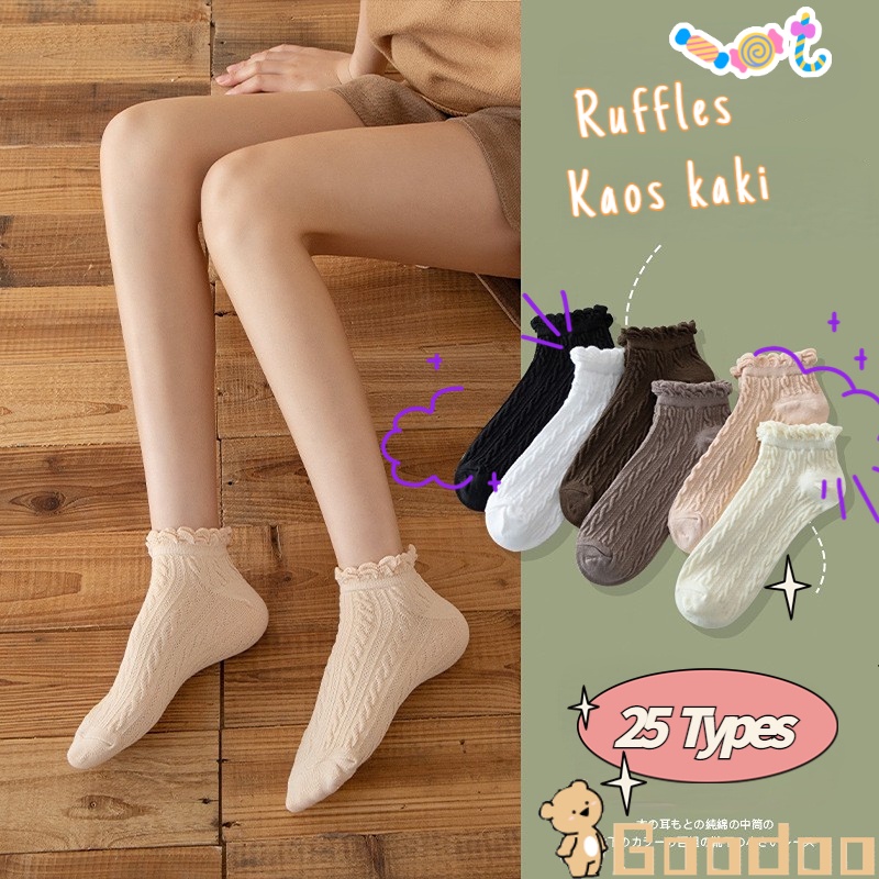 30 Types Kaus Kaki Wanita Warna Murni Kaus Kaki Perahu Renda Lucu Musim Panas Kaos Kaki Ruffle JK Tabung Pendek Rendah Atas -Doo