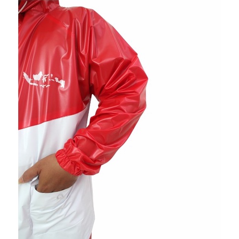 Jas Hujan Setelan Merah Putih Bahan PVC Tebal Anti Rembes Plevia 757