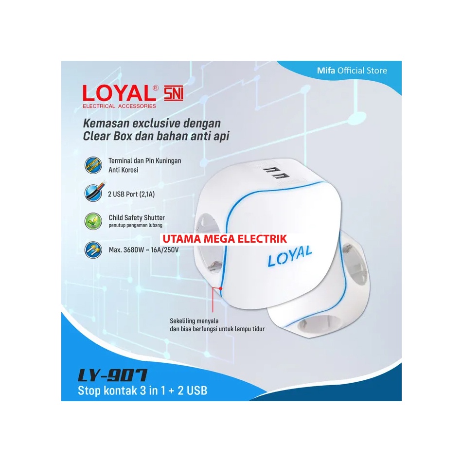 Loyal LY907 Steker Stop Kontak Steker 3 Lubang + 2 USB + Lampu indikator