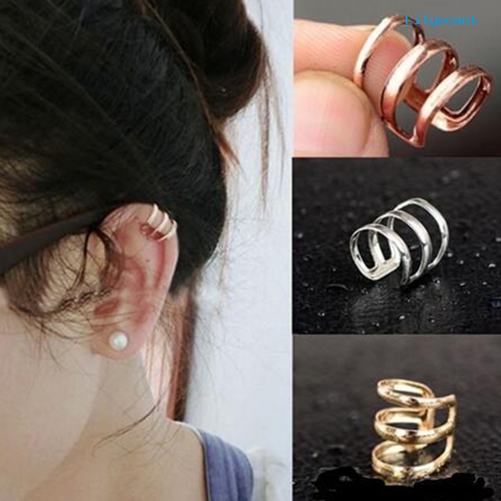 [LS] 1pc Manset Klip Telinga Simple Dual Use Women Adjustable 3-Ring Cincin Jari Hollow Untuk Travel Belanja