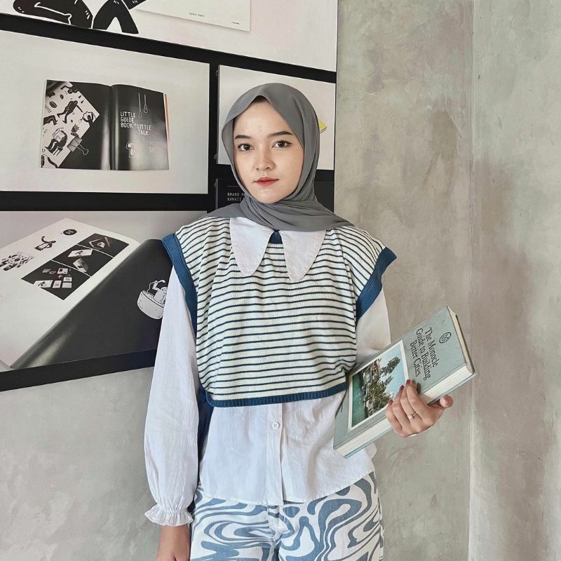 Vest Rajut Crop Stripe Tali Samping  Rompi Knit Belang Pendek