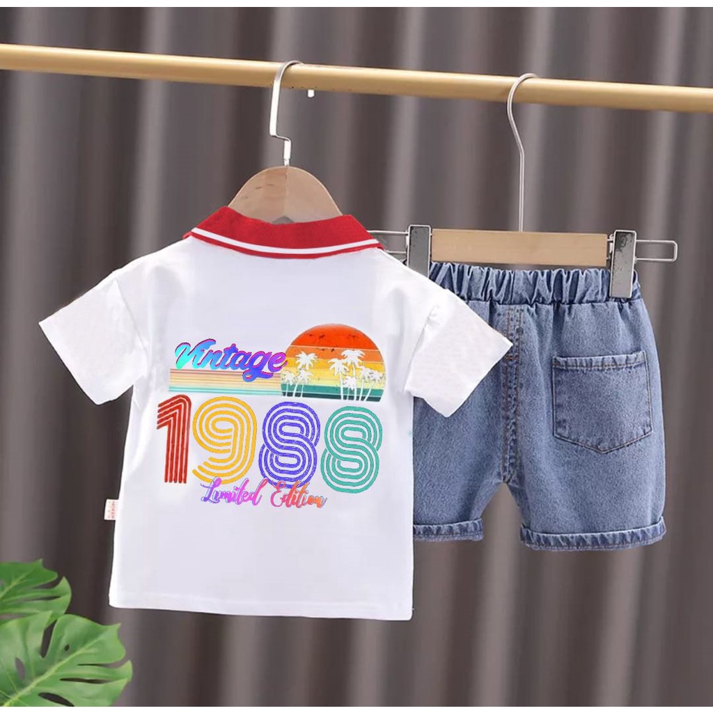 SETELAN ANAK BAJU ANAK SETELAN POLO DINO DENIM JEANS UMUR 1-5 TAHUN