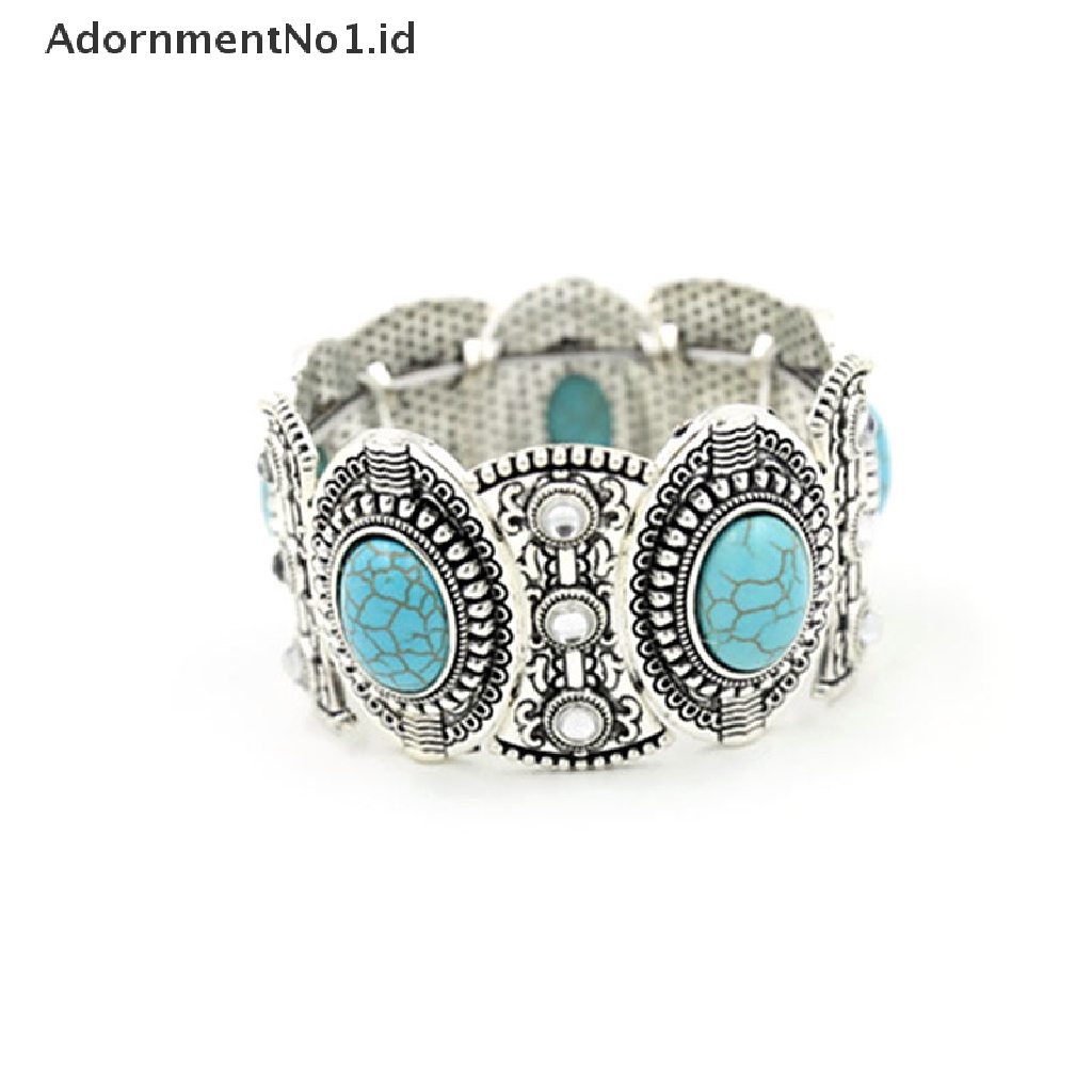 [AdornmentNo1] Stylish Boho Womens Retro Vintage Natural Turquoise Tibet Gelang Perak Cuff [ID]