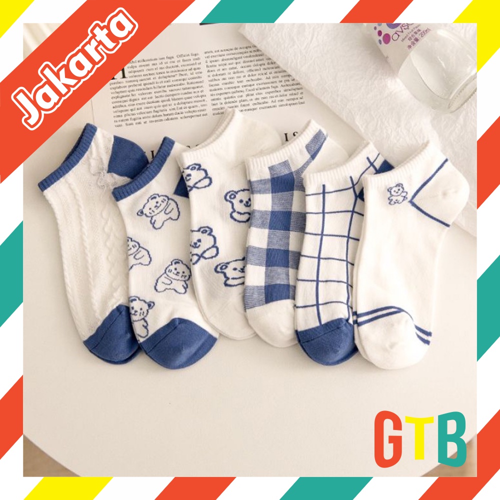GTB Kaos Kaki Wanita Motif Biru Kotak Fashion Korea Women Sock Import KK031
