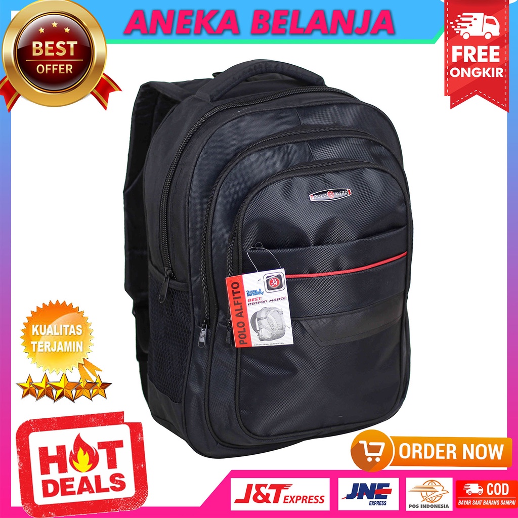 Ransel Polo Alfito Imitasi HItam  Bacpack Pria Wanita Bahan Polyester Tas Sekolah SMP SMA Kuliah Kerja Bahan Tebal Berkualitas Harga Terlaris  FREE Raincover