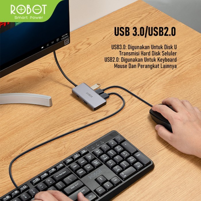 USB HUB Type C Robot HT255 Multiport 5in1 3.0 PD HDMI Adapter USB 3.0