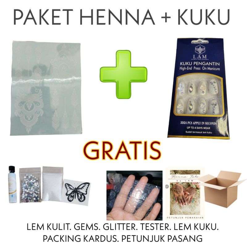 (HP+K) HENNA INSTAN PLUS KUKU BUNGA JAPAN (39 style) LENGKAP LEM MANIK GLITER