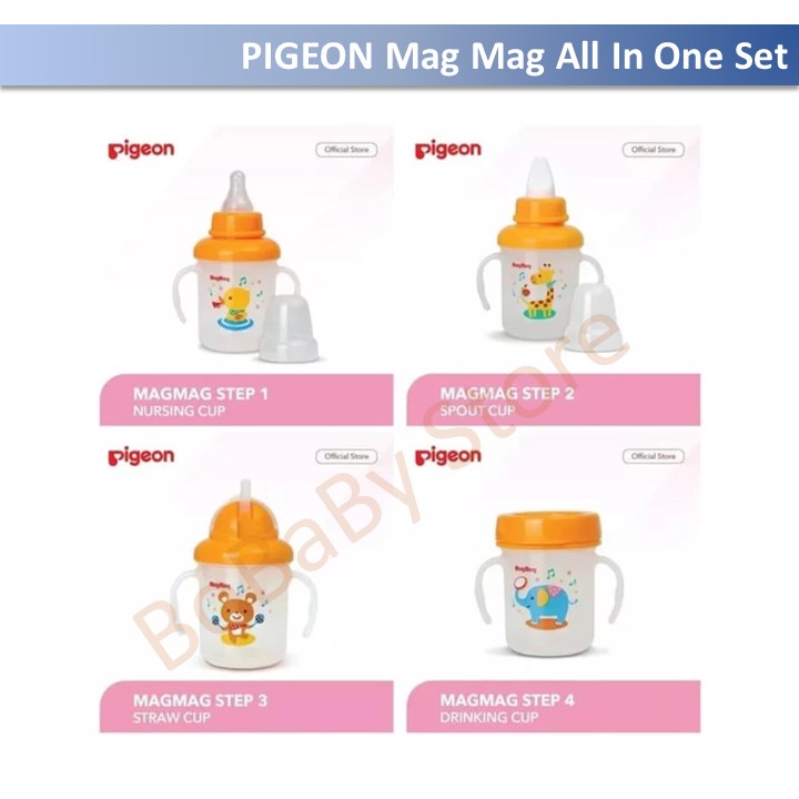 Pigeon Mag Mag / Magmag/ Mag-Mag All In One Set Training Cup 4 Step Feeding Set / Peralatan Makan Minum Bayi