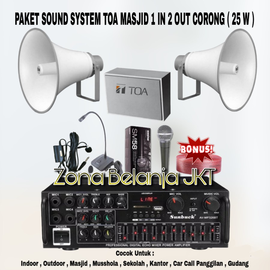 PAKET SOUND SYSTEM TOA MASJID MUSHOLLA 1 IN 2 OUT SPEAKER CORONG TOA 25W ( SET 4 )