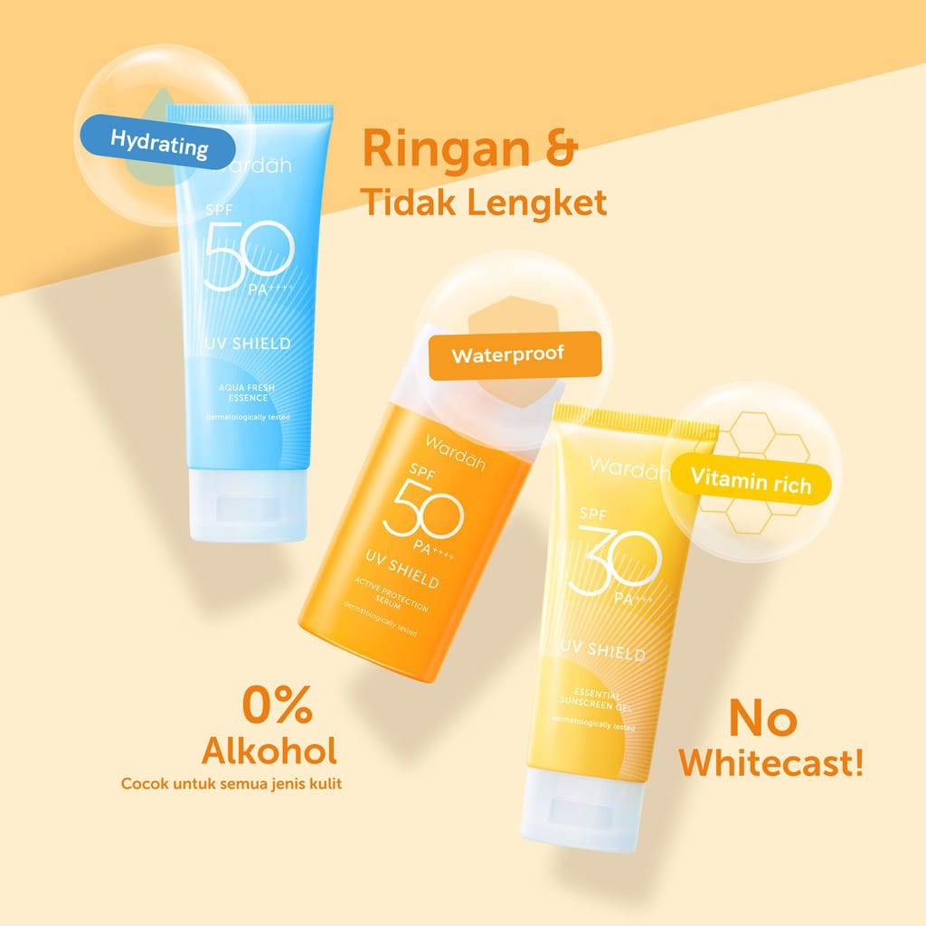 Wardah Sunscreen Series Essential Sunscreen Gel | UV Shield Aqua Fresh Essence | Active Protection Serum SPF 50 PA++++ Sunblock Wajah Waterproof