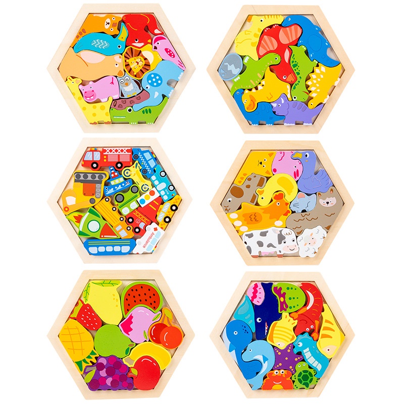 HZ Puzzle 3D Hexagon Animal Wooden Montessori Wooden Chunky Hexagon Puzzle Mencocokan Bentuk Karakter