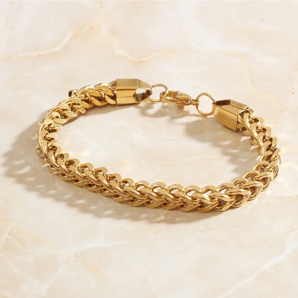 Gelang Unisex  (Untuk Wanita dan Pria) Rantai Gandum Tali Baja 4mm Warna Gold