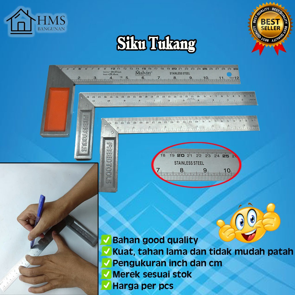 Siku Tukang  Malvin / Siku Tukang RRT / Ukuran 10 Inch / Ukuran 12 Inch / Penggaris Siku Tukang / 45