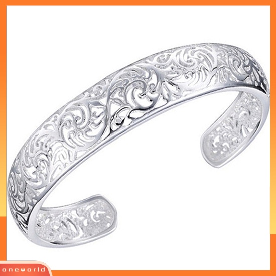 {oneworld} Gelang Cuff Bukaan Pengerjaan Indah Hollow Warna Silver Motif Ukir Retro Bangle Untuk Pesta