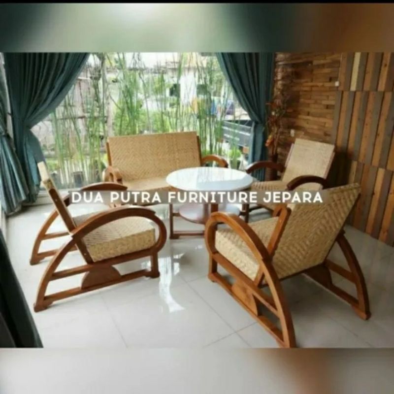 kursi sofa tamu jengki antik kayu jati rotan anyaman manual meja top marmer