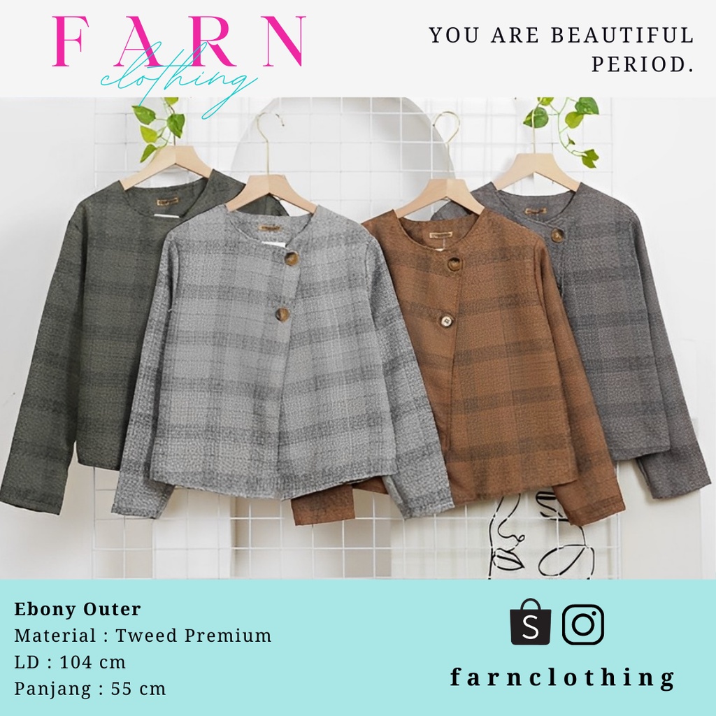 FARN Ebony Outer Blazer Baju Atasan Baju Wanita Kekinian Lengan Panjang Hijau Army Abu Muda Coklat A