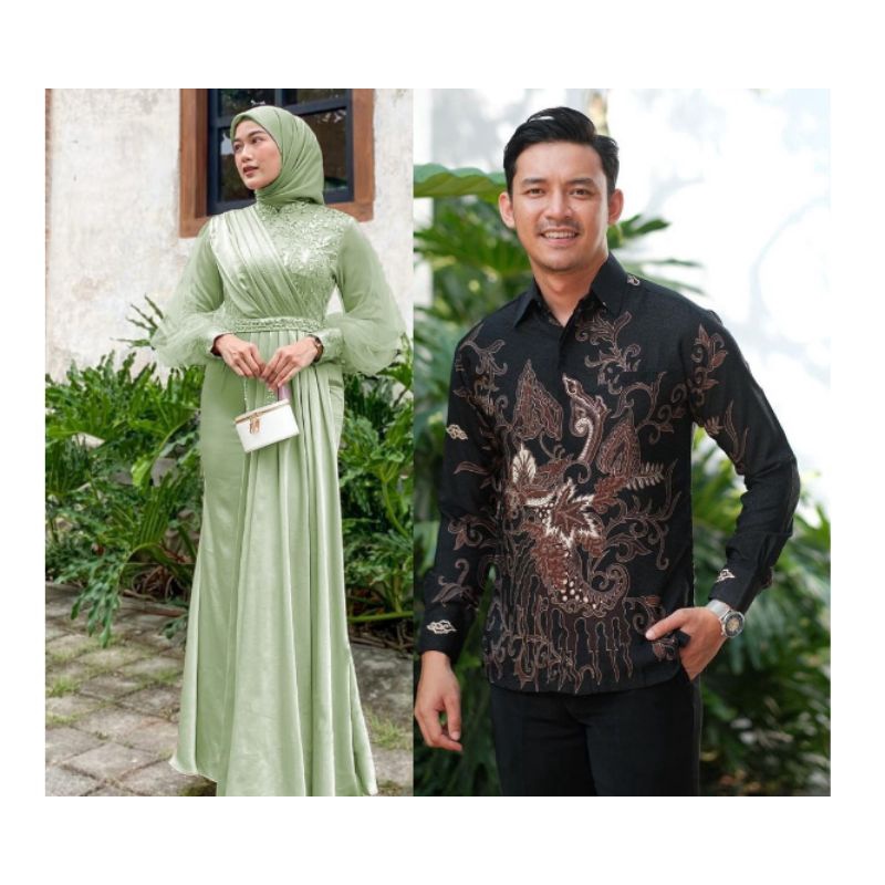 BATIK EXPRESS - Baju Couple Pasangan Gamis Aldira Brukat Tulle Mutiara Couple Dress Kondangan Lamaran Baju Couple Lebaran Adeeva Maxi Dress Modern