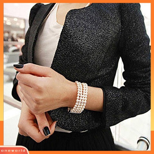 {oneworld} Fashion 3baris Mutiara Imitasi Dekorasi Berlian Imitasi Elastis Melar Bangle Gelang