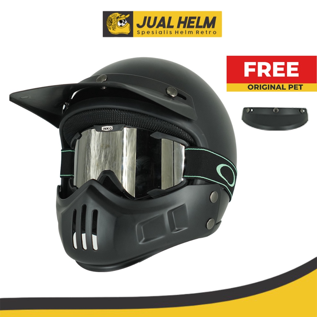 Helm Retro Cakil Modular + Goggle Inko + Pet Duck Cross