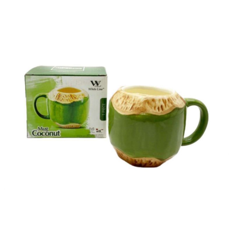 Gelas Mug Cangkir Keramik Kelapa Coconut Mug White Line