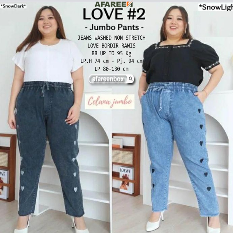 AFAREEN - Celana Jeans Love Pinggang Full Karet Kolor Baggy Jeans Love Super Jumbo BB 50-100 Kg