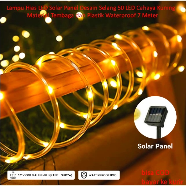 Lampu Hias LED Solar Panel Desain Selang 50 LED Cahaya Kuning Material Tembaga dan Plastik Waterproo