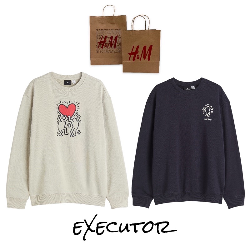 ( 8.8 ) Crewneck Sweatshirt H&amp;M Unisex Sablon Keith Haring Dance Cream, Navy, Flecee Katun Lembut Tebal, Free Papperbag