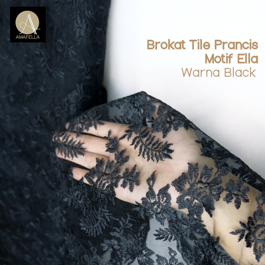 1/2 meter Kain Brokat Tile Prancis Premium Kebaya Motif Ella Hitam - Black