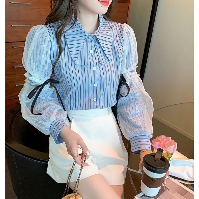 7899 Baju atasan kemeja CROPPED STRIPED SALUR SHIRT motif garis lengan panjang Korea Korean style wa