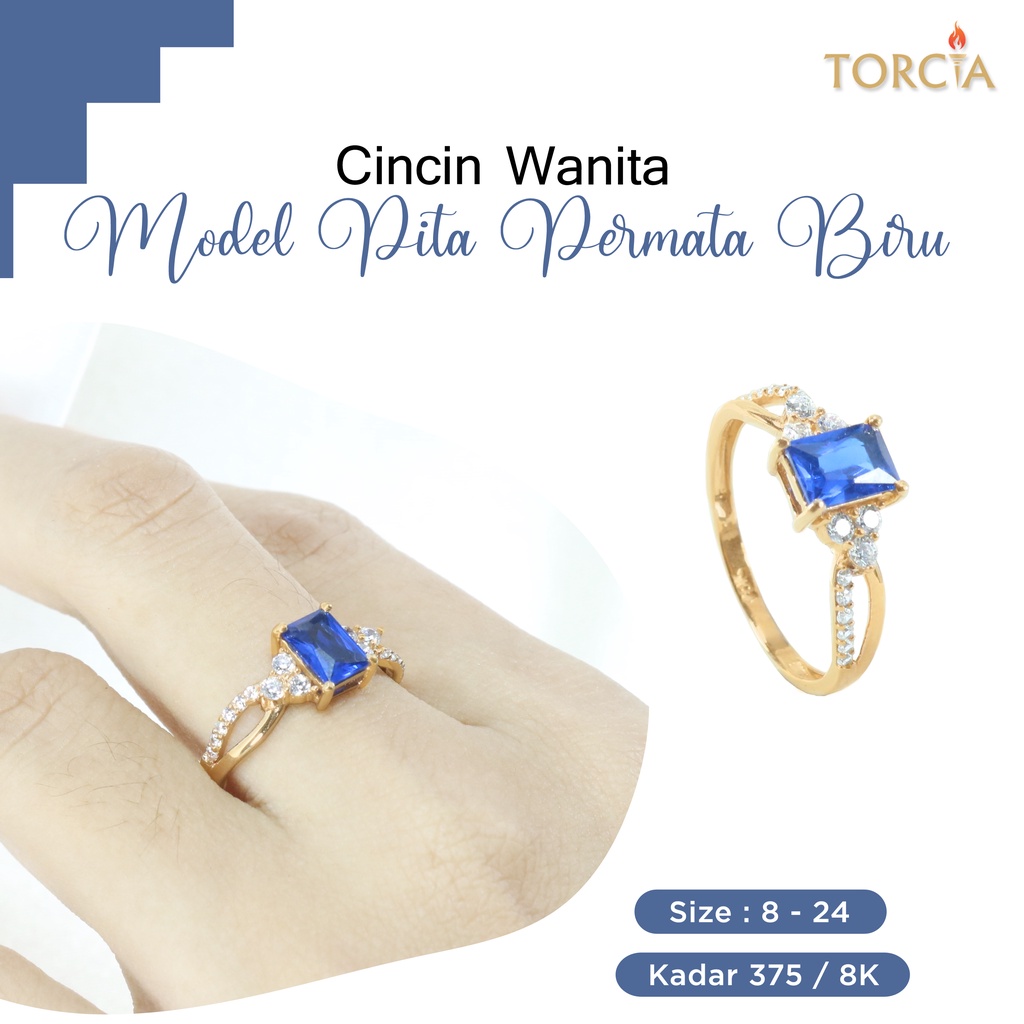 Cincin Wanita Emas Asli Model Pita Permata Biru Kadar 375 Torcia