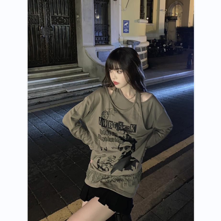 ℡℗Korea retro manis keren longgar cetak pullover sweater wanita musim gugur rasa desain baru niche cross menggantung leher atas