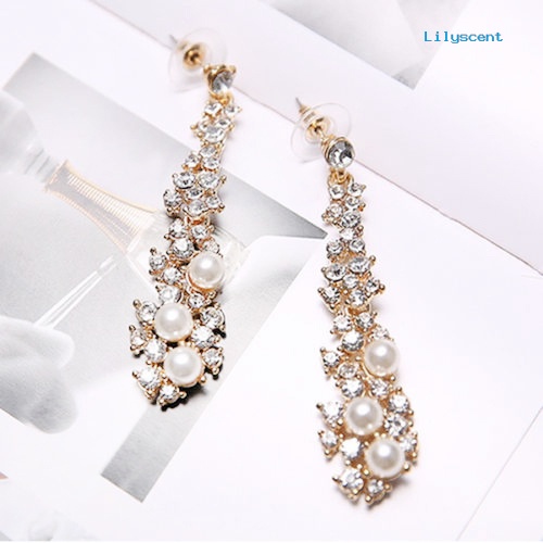 [LS] Elegan Fashion Wanita Mutiara Berlian Imitasi Menjuntai Lampu Gantung Drop Earrings Perhiasan