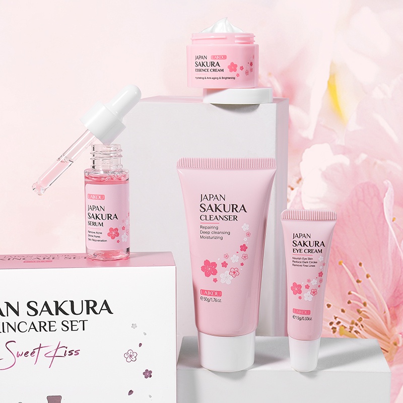 LAIKOU Sakura 4pcs Skin Care Gift Box Mencerahkan Noda Serum Pelembab Memudar Lingkaran Hitam Krim Mata