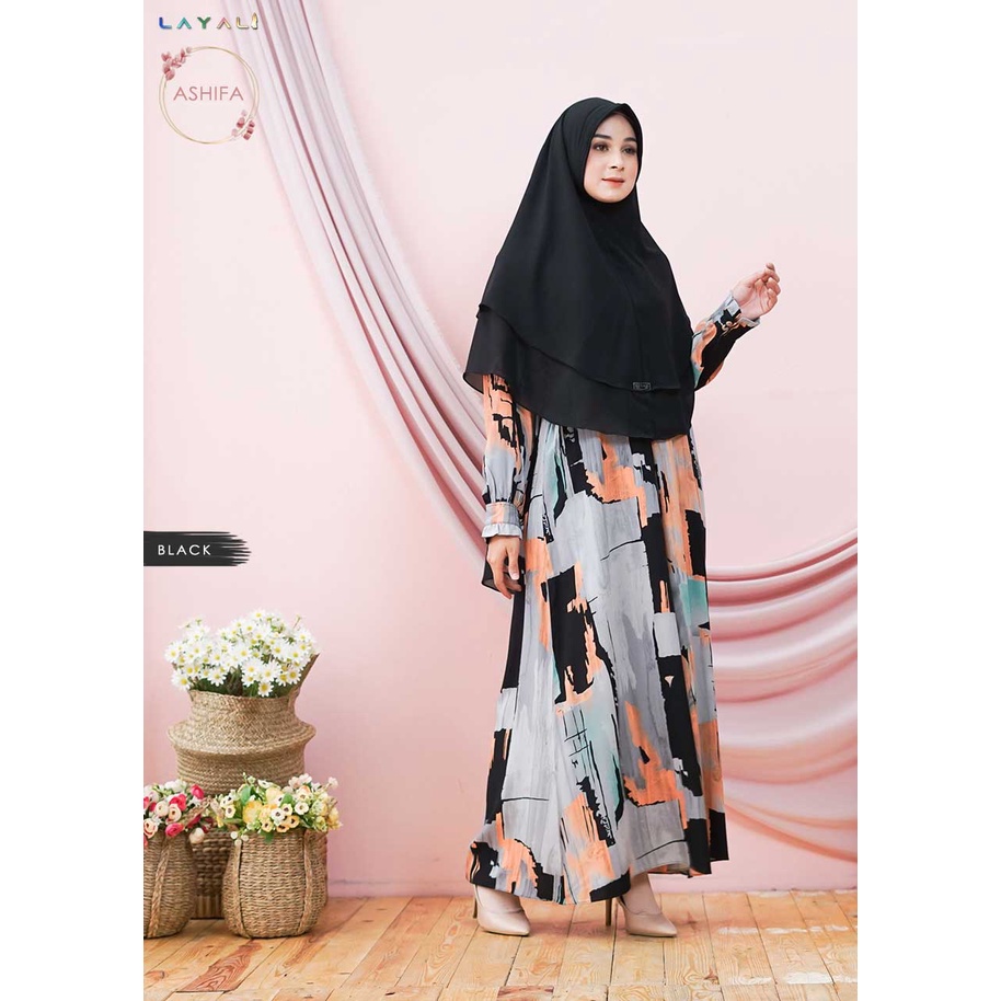 Set Gamis dan Khimar Ashifa Katun Rayon Gamis Rayon Motif