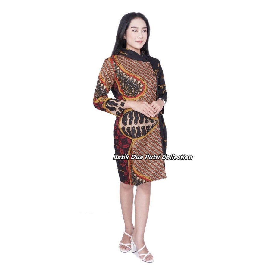 Couple Batik Modern Dres Lengan Panjang Berkerah Pria Lengan Pendek Berkerah Warna Coklat Daun Sirih