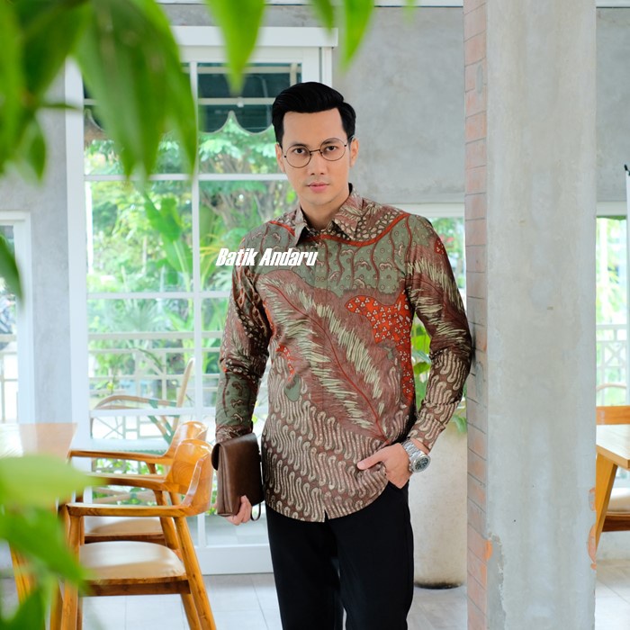 Baju Batik Pria Lengan Panjang Modern Kualitas Premium Warna Hijau Sage Orange