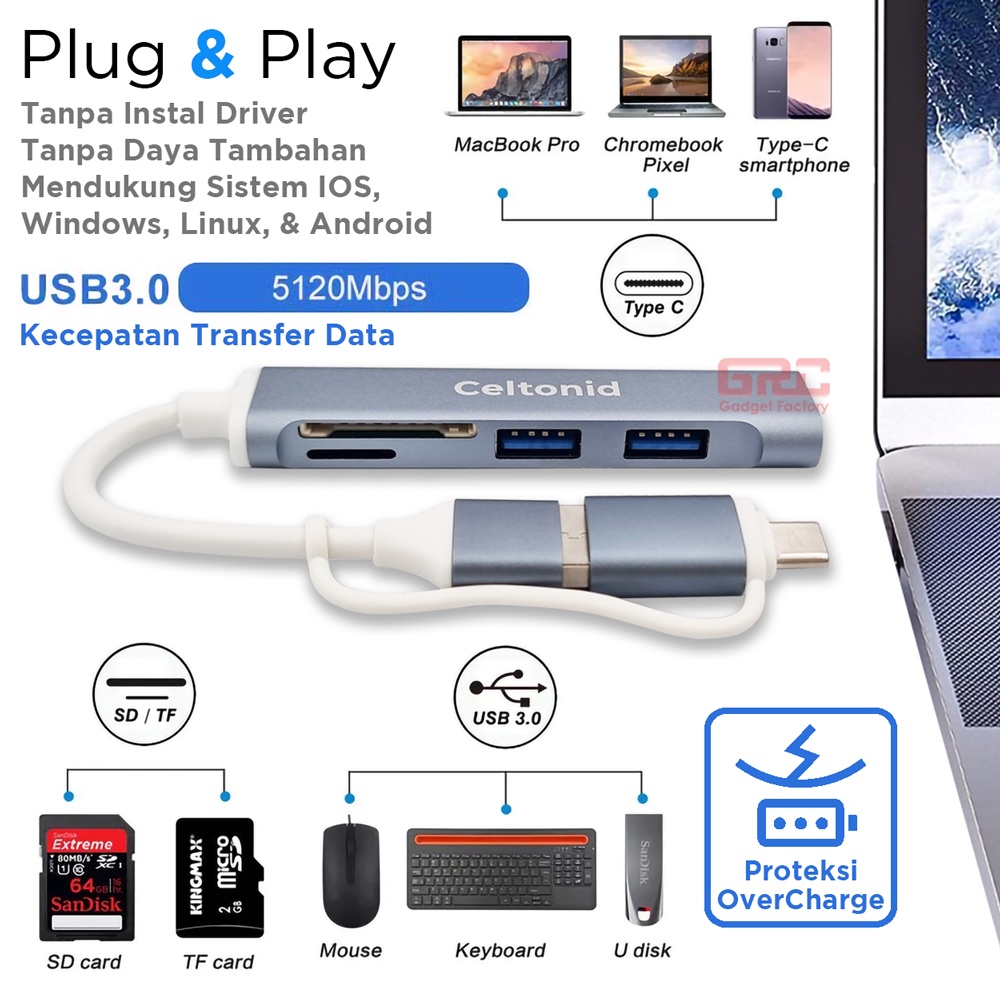 Adapter Converter USB Type C to 5 Port HUB 5 in 1 OTG Micro SD TF Card